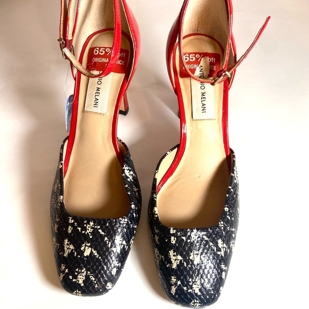 ANTONIO MELANI Red and Black/White Patterned Ankle-Strap Heels - Picture 3 of 10